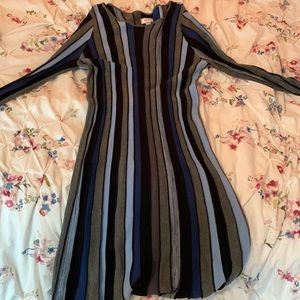 Long sleeve blue, black, and gray sweater dress